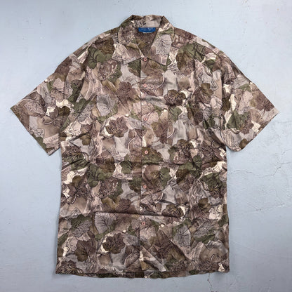 VTG 90s Towncraft Leaf Print Camp Shirt Brown Green Abstract Men's M Button Up