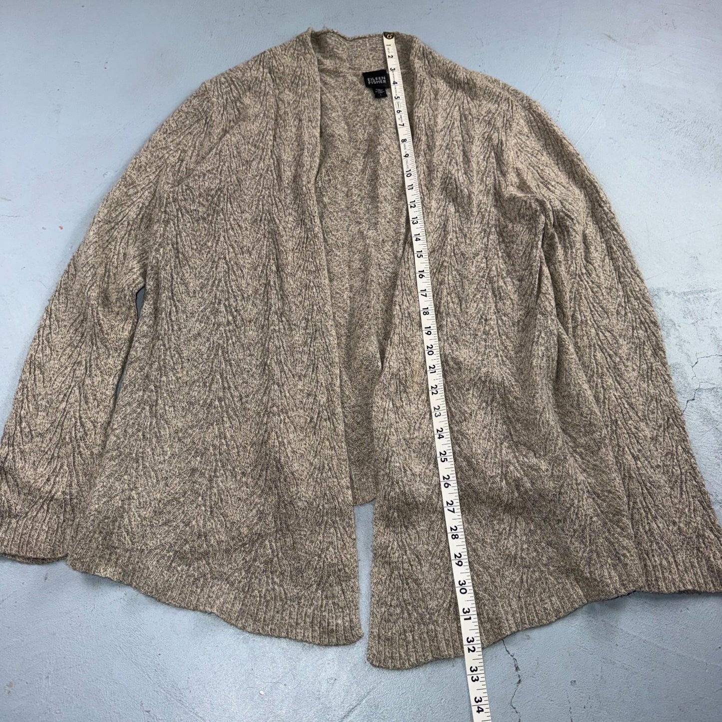 Eileen Fisher Womens Cardigan Sz Large Beige Black Loose Knit Linen Wool