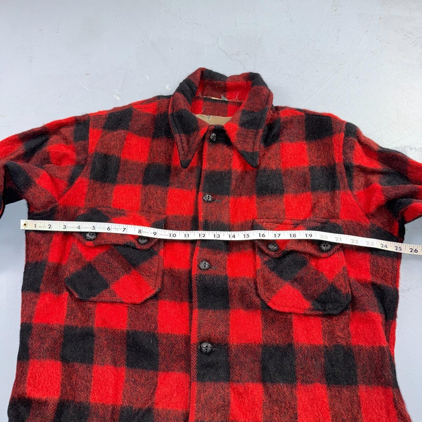 VTG 1950s Wool Buffalo Plaid Mackinaw Heavy Jacket Button Up Mohair Rockabilly