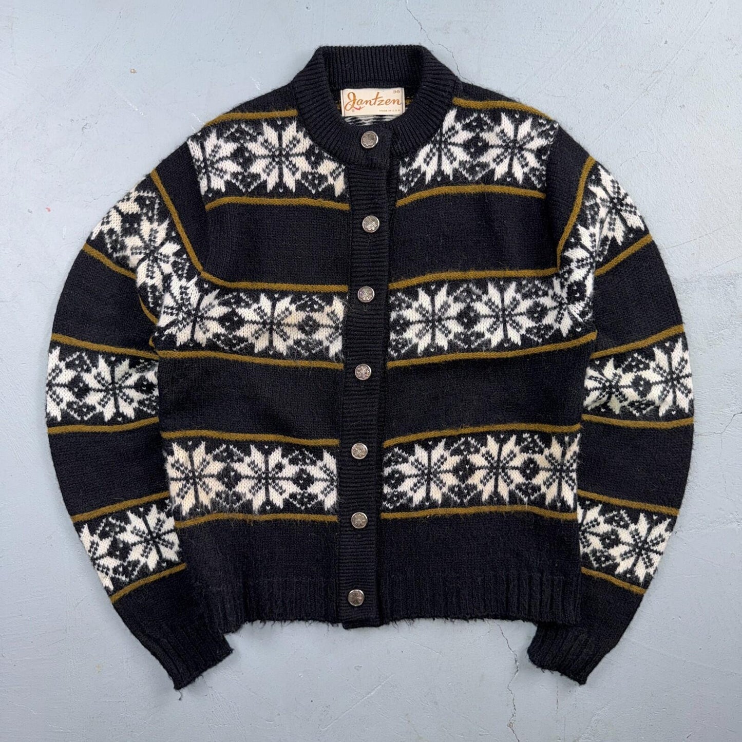 Jantzen Vintage Sweater Pullover Patterned Black Cardigan Size 36 Made USA 60s