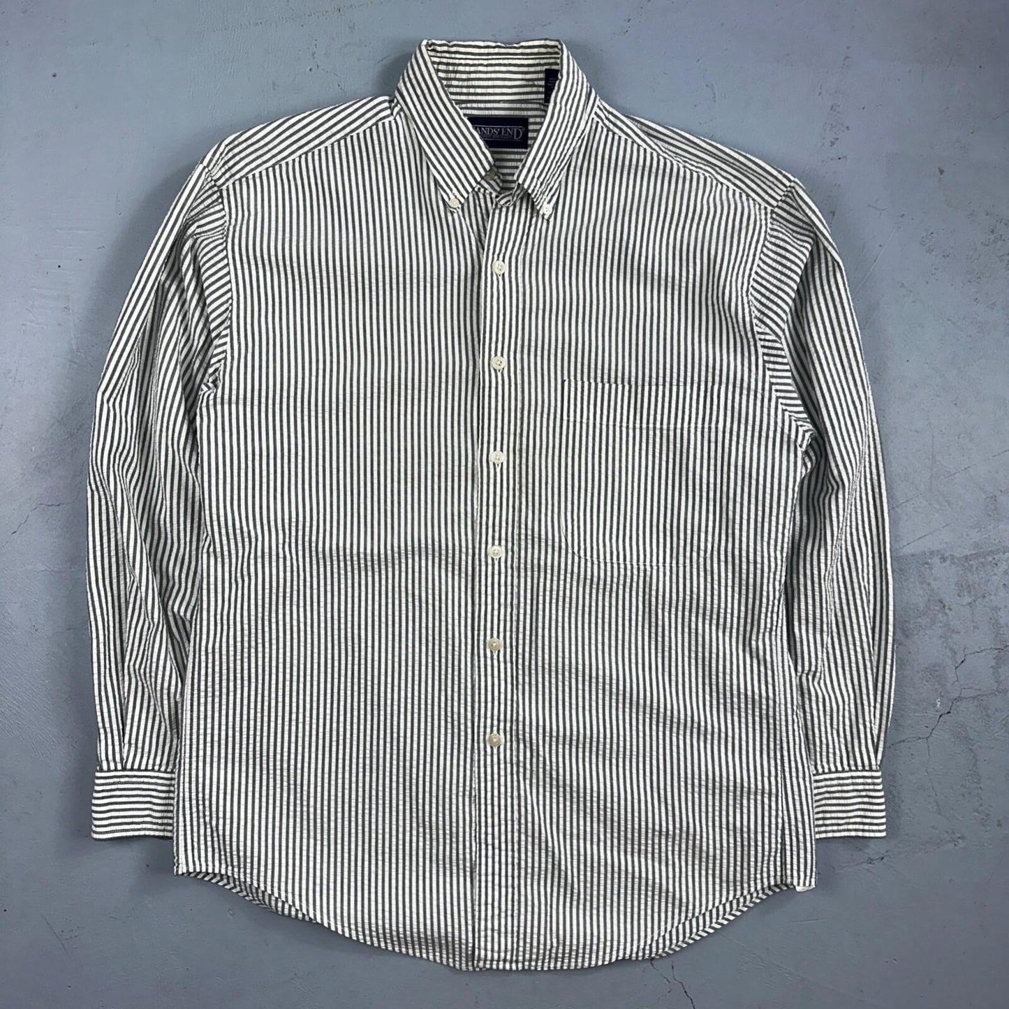Lands End Shirt Men's M Green Striped Long Sleeve Button Down Trad Fit VTG 90s