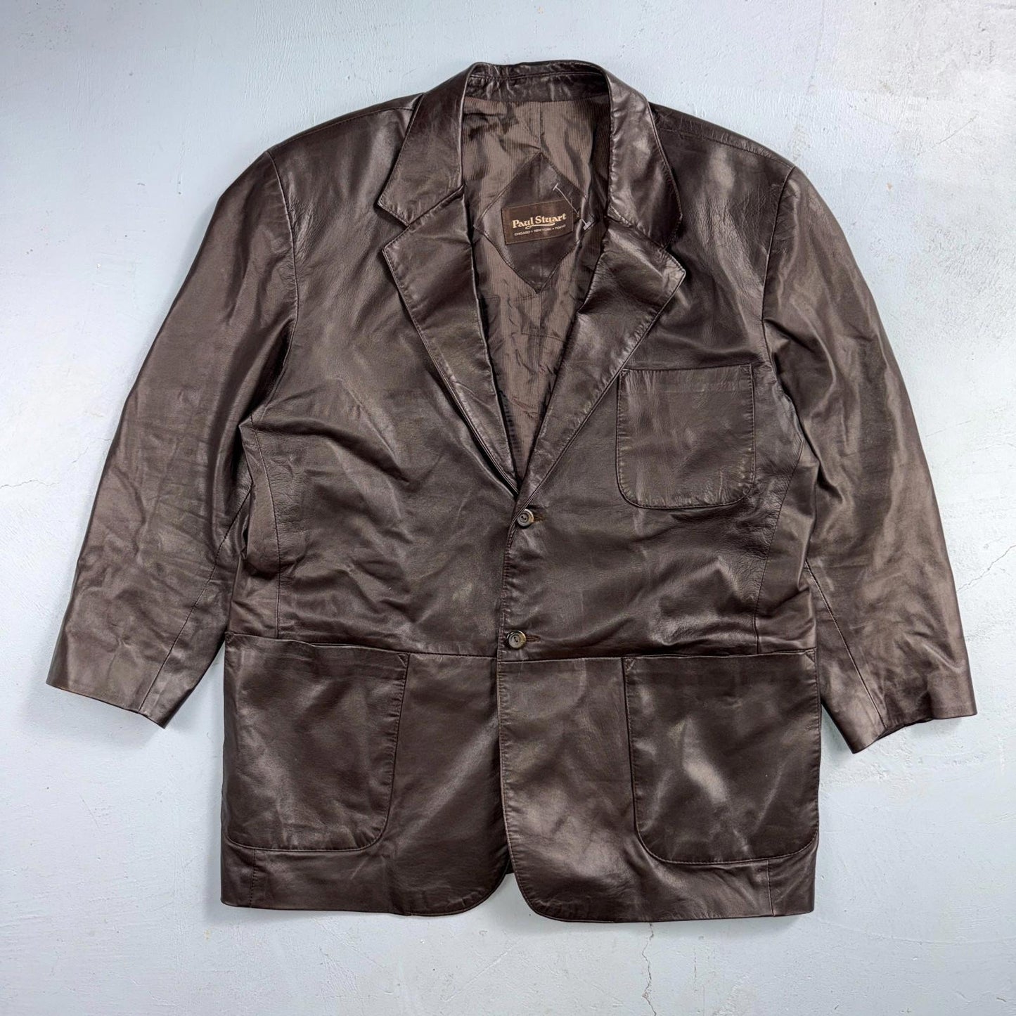 Paul Stuart Mens Vintage Brown Leather Jacket XL Chore Coat Pockets EUC Blazer