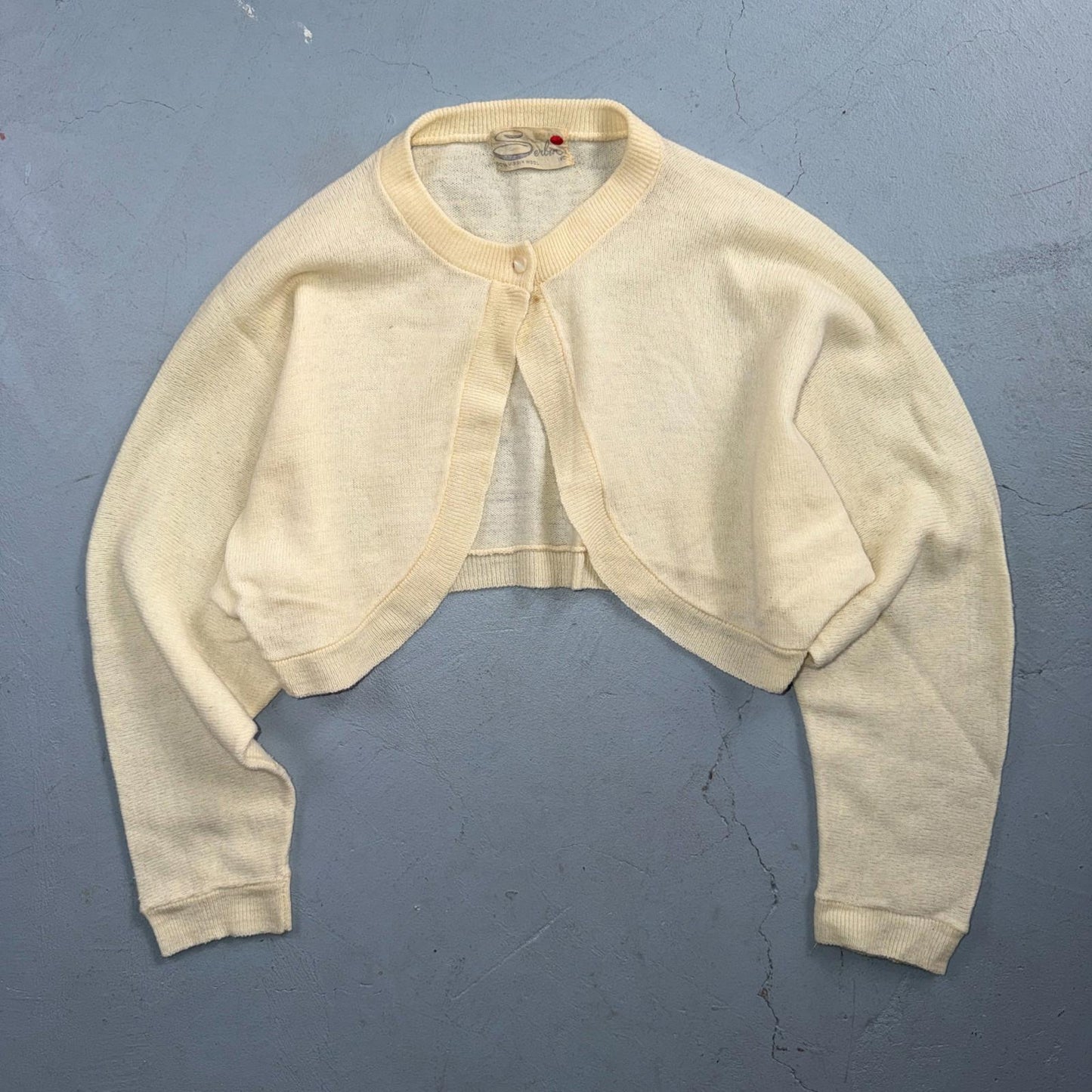 VTG 1940s 1950s Wool Caridgan Sweater Rockabilly Womens Mod Knit Ivory Shawl