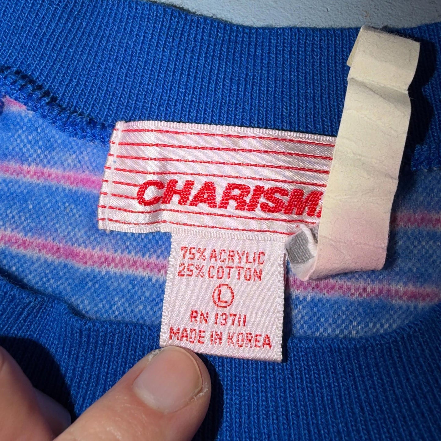 Charisma Striped Pullover Sweater Blue Aqua Ski Short Sleeve 1980s Euro VTG