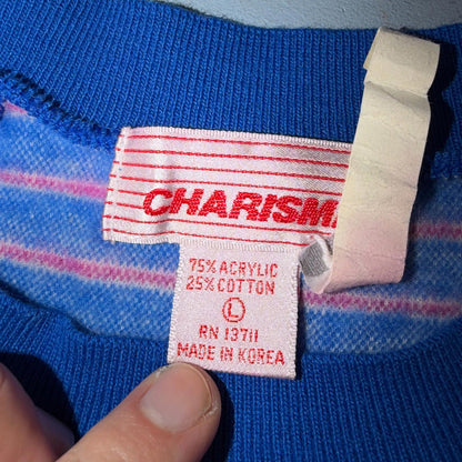 Charisma Striped Pullover Sweater Blue Aqua Ski Short Sleeve 1980s Euro VTG