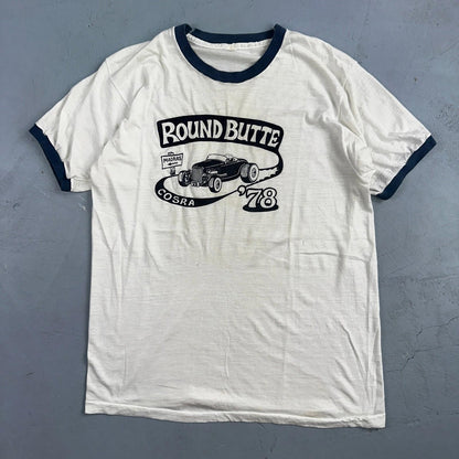 Round Butte Oregon 1970s VTG T Shirt 1978 Rockabilly Ringer Cars Hot Rod PDX Art