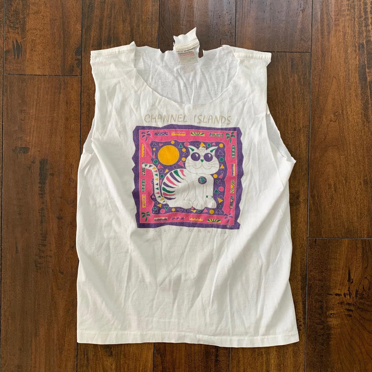 Oneita Cat Hipster Glasses Funky Vintage T Shirt 90s Tank Distressed Cut Chop