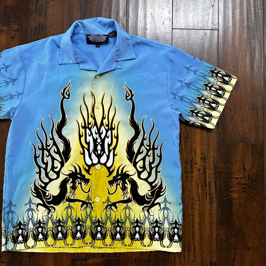 VTG Y2K Silver Point Blue Tribal Button Down Shirt Size L 1980s Ricky Trailer