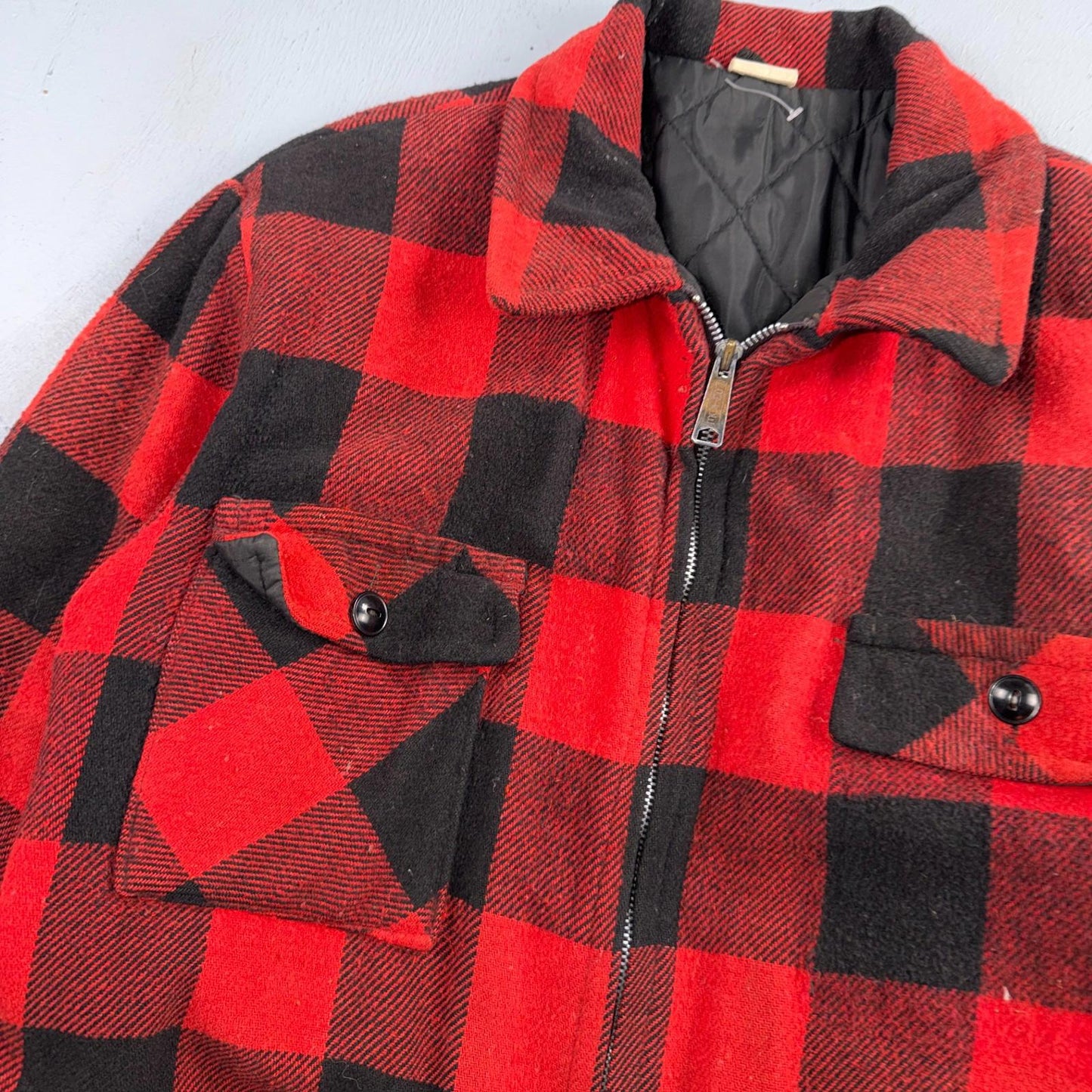 VTG 1960s 60s Cotton Buffalo Plaid Lined Insulated Zip Up Jacket Large Mackinaw