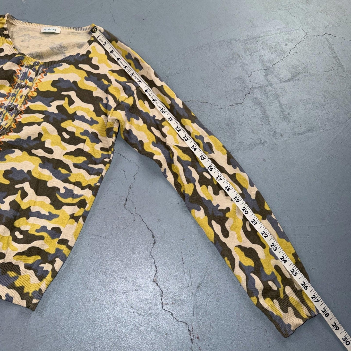 Sundance Tangier Camo Size Medium Yellow Button Down Cardigan Sweater Cute Y2K