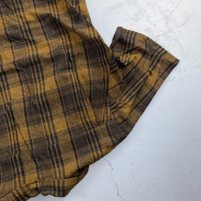 VTG 50s Brown Mustard Plaid Loop Collar Camp Shirt Rockabilly Atomic Shadow Wool