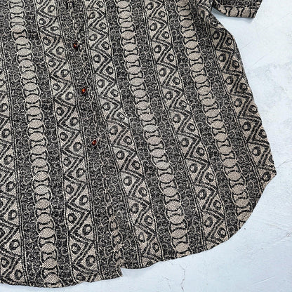 Hawaiian Regular Fit Shirt Men L Gray Geometric Tribal Button Up 80s VTG