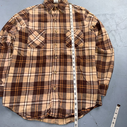 VTG 70s Big Mac Penneys Plaid Flannel Shirt Brown Tan Cotton Tall M USA Made