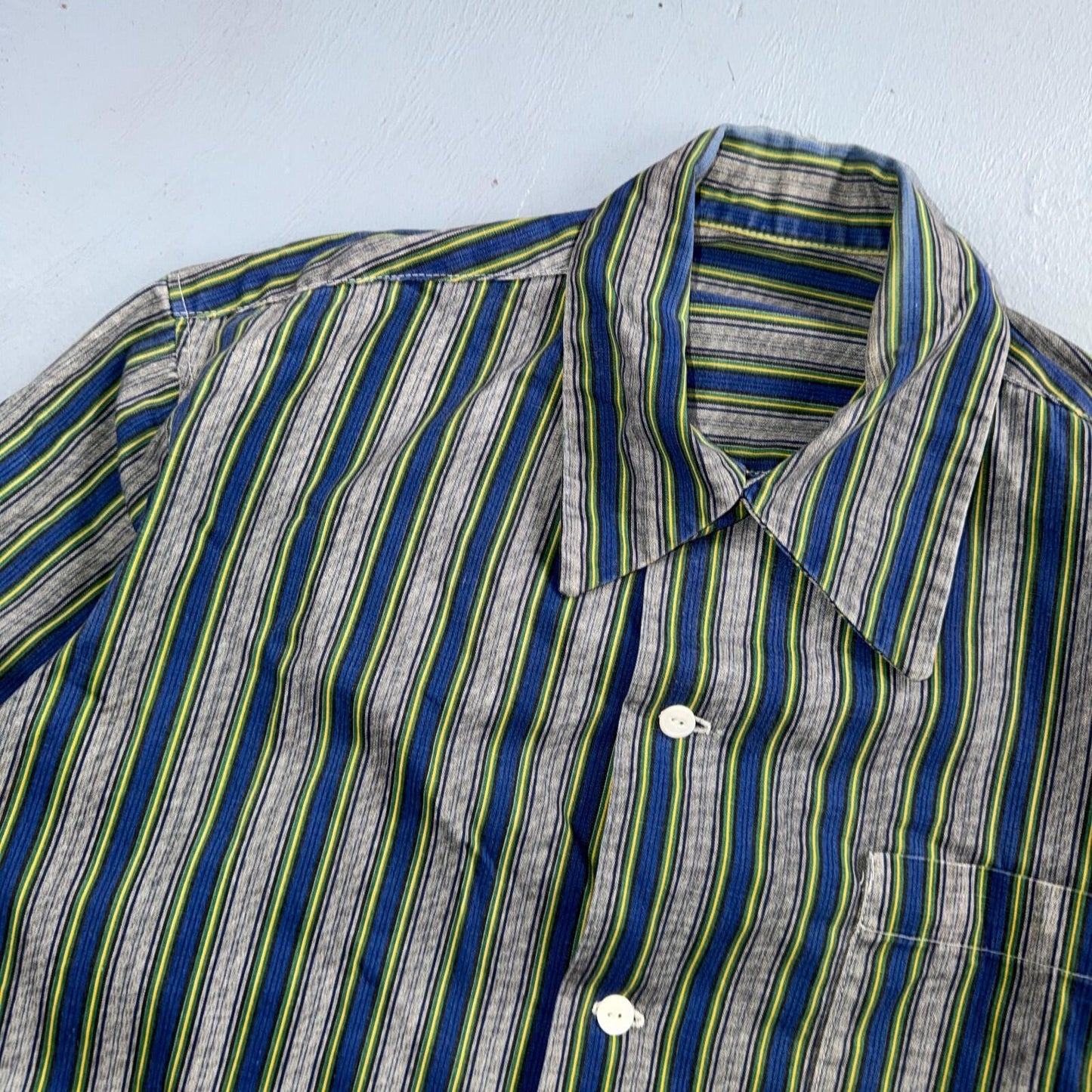 Vintage 50s 60s Striped Bowling Shirt Size M Rockabilly Loop Collar Handmade
