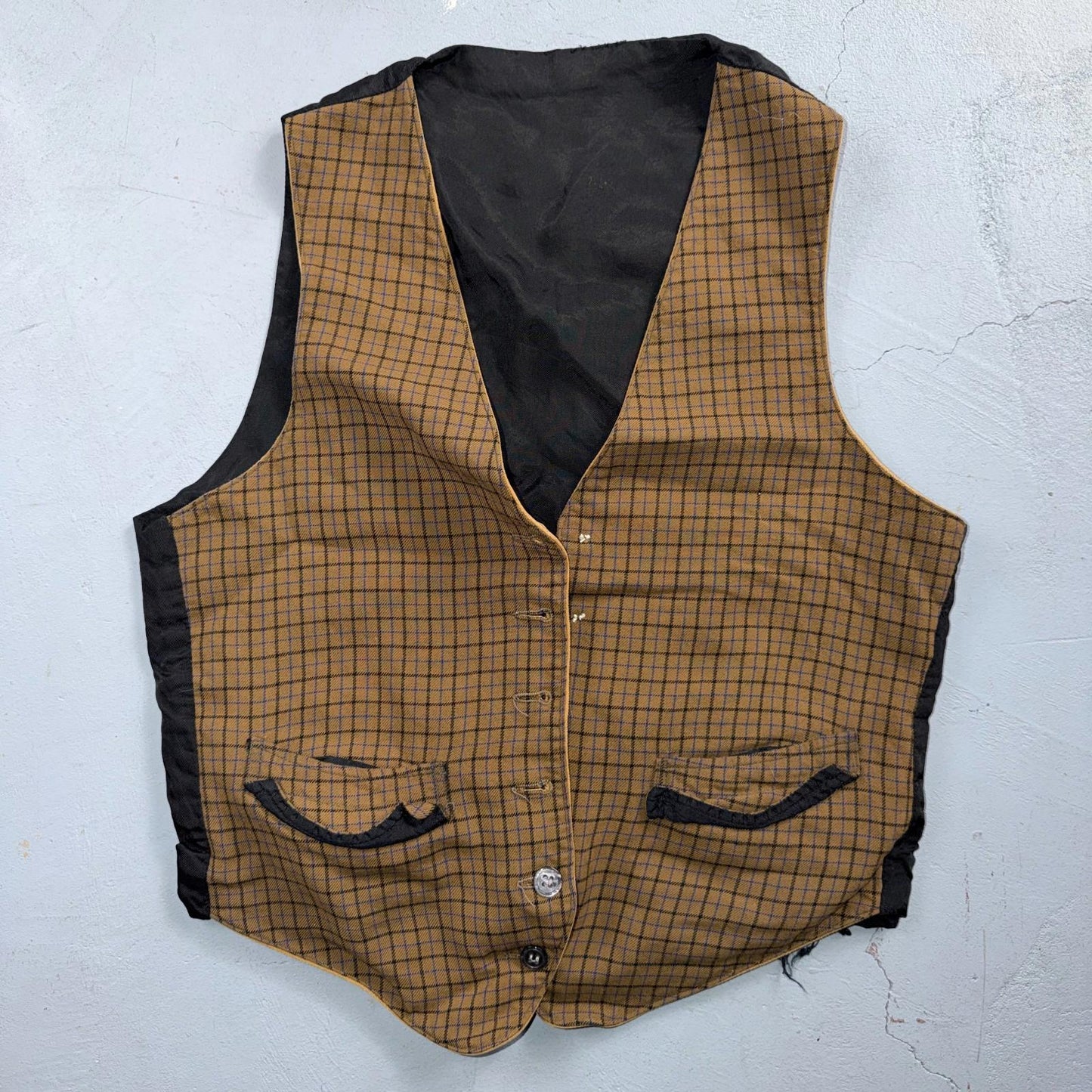 VTG Buckle Back Vest Mens Black Waistcoat Size S 1940s 1950s Plaid Double Sided