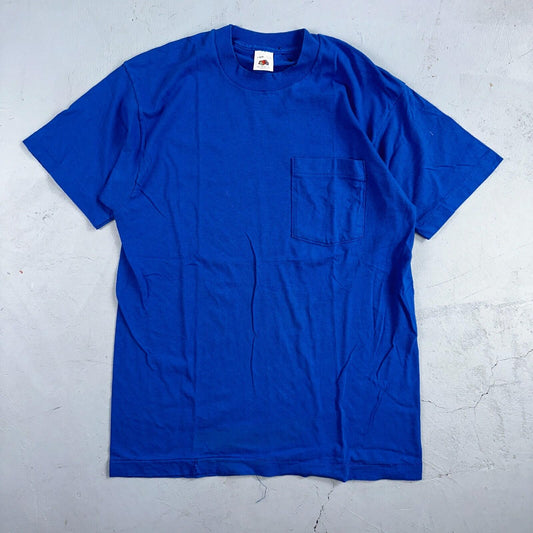 FOTL Blank 90s VTG T Shirt USA Pocket Blue Basic Simple Single Stitch Selvedge