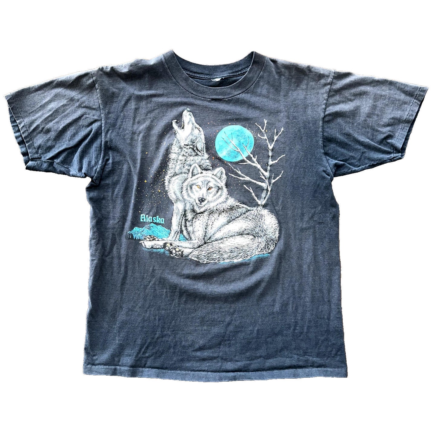 Faded Wolves Howling Vintage T Shirt Single Stitch 90s Thrashed Alaska Moon