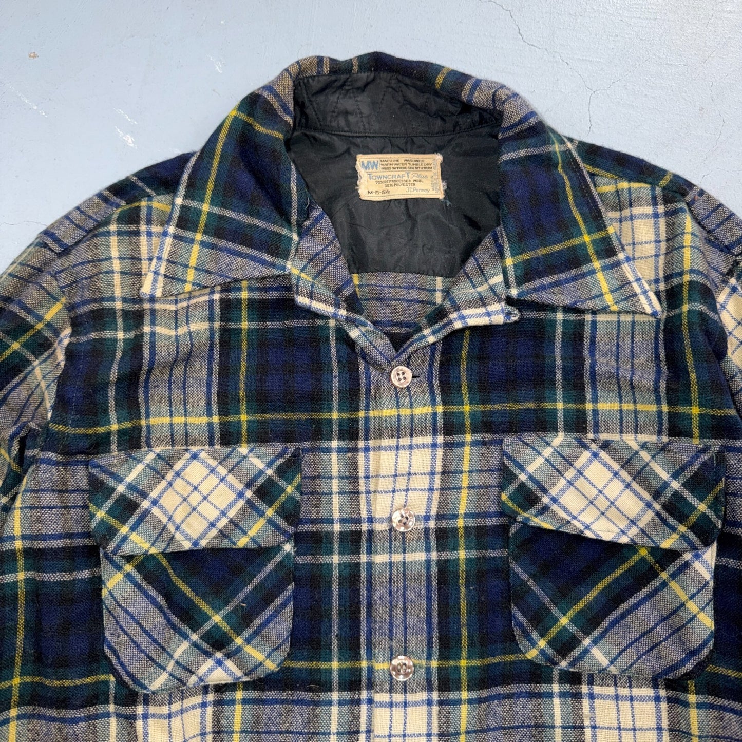 VTG 70s Penneys Towncraft Loop Collar Wool Plaid Shirt Camp Board Rockabilly