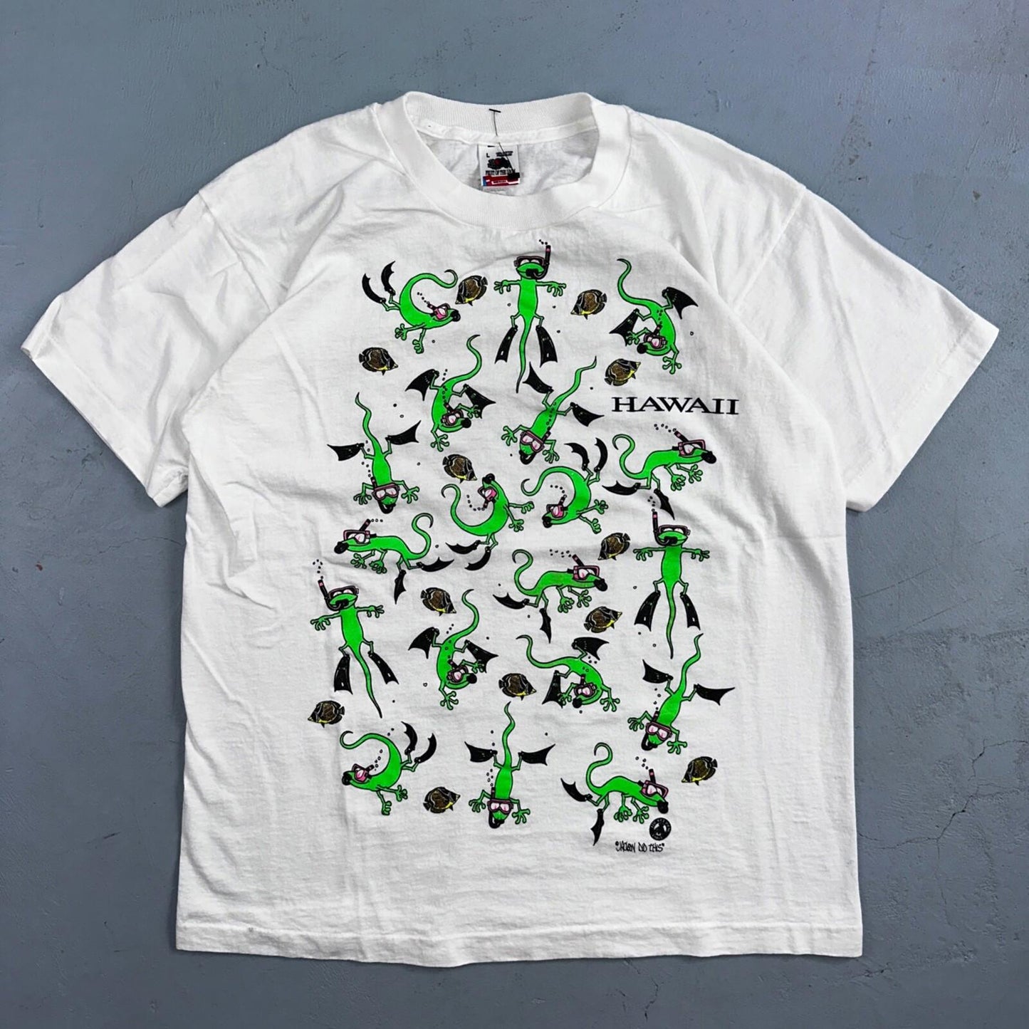 Hawaii Lizards Snorkling 90s VTG T Shirt FOTL Single Stitch Fish Gecko Cute