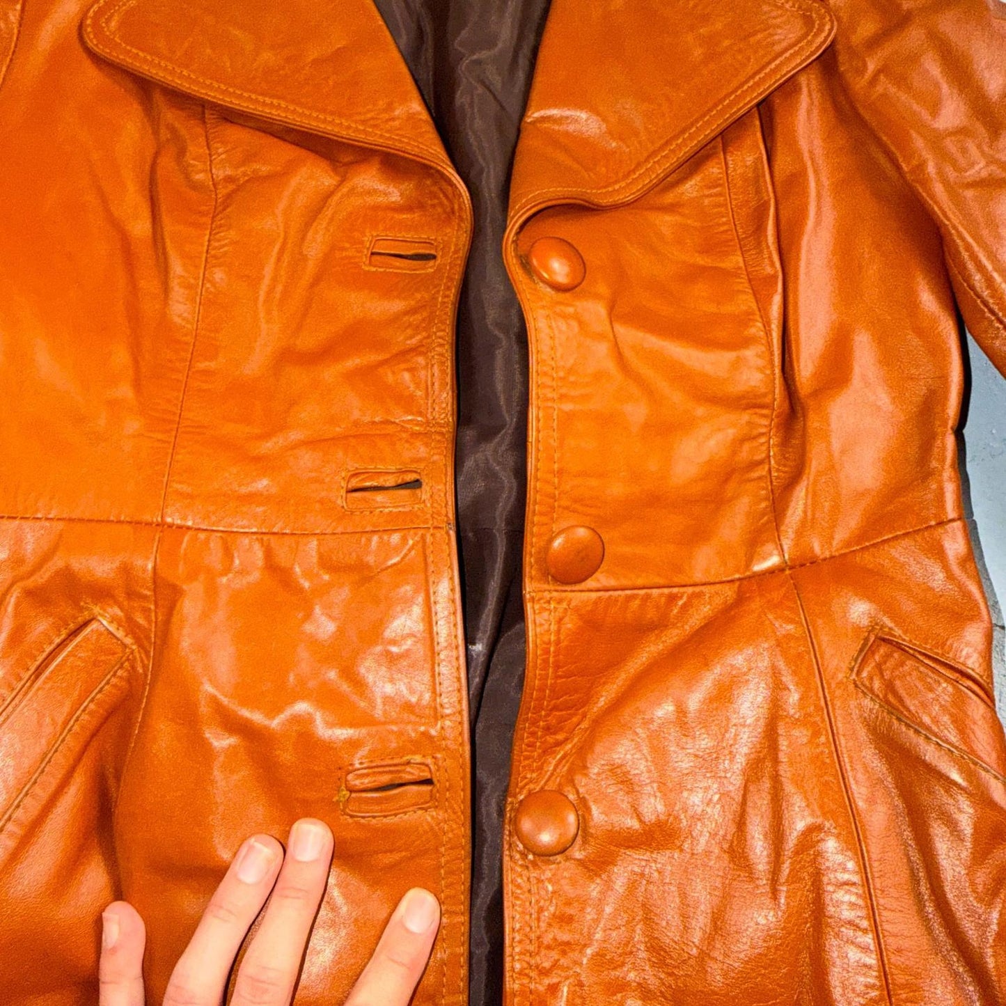 Genuine Leather Womens Brown Blazer Pea Coat Vintage Jacket 70s 80s Long Trench