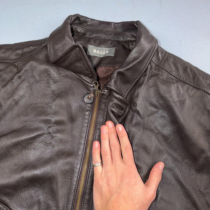 Bally Brown Leather Jacket Mens Size 44 Bomber Coat Made in Italy Soft Wool