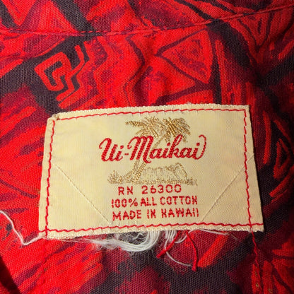 VTG 60s Ui-Maikai Hawaiian Aloha Shirt Red Black Tiki Floral Made In Hawaii M