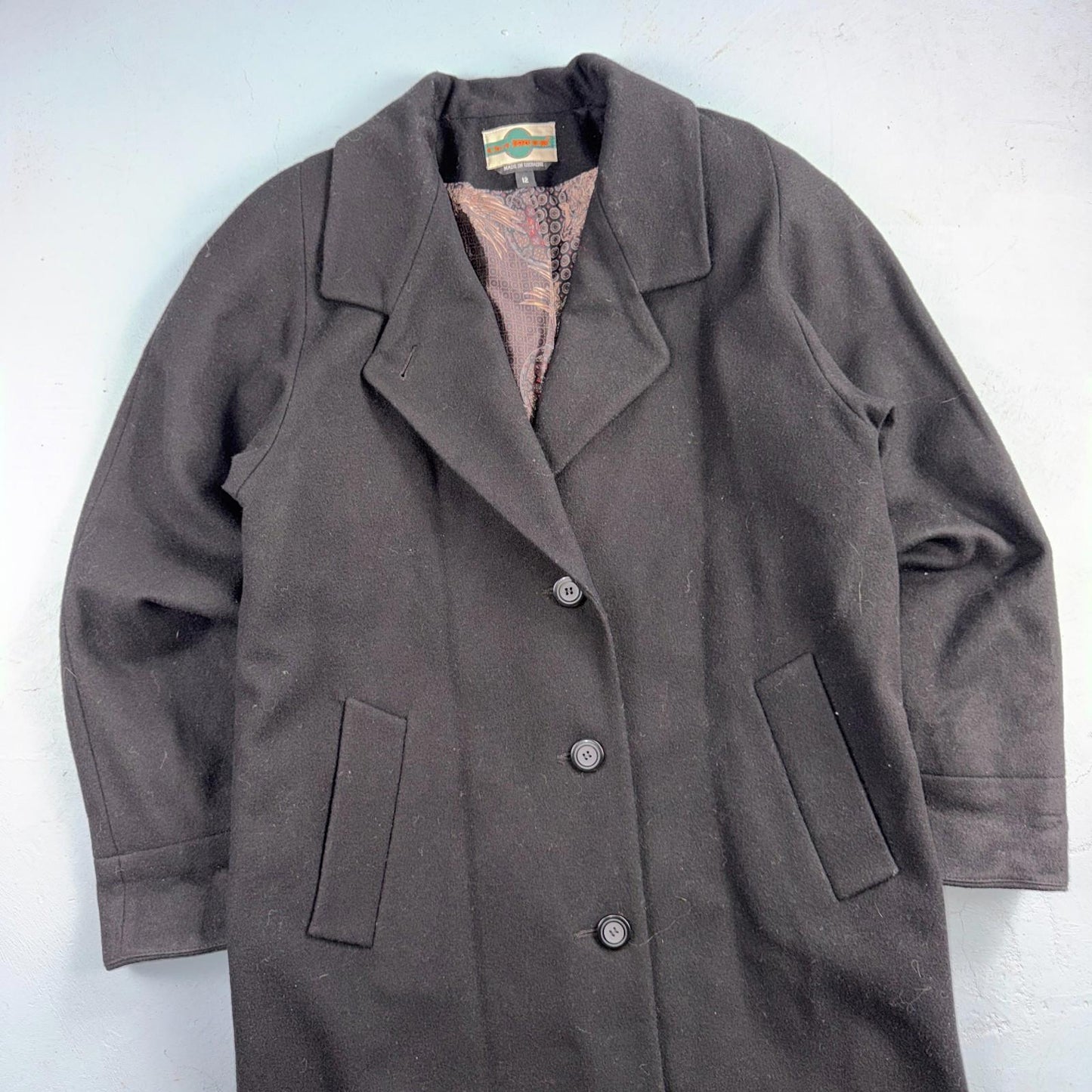 Out Brook Women's Size 12 Black Button Up Coat Wool Long Classy VTG 80s 90s
