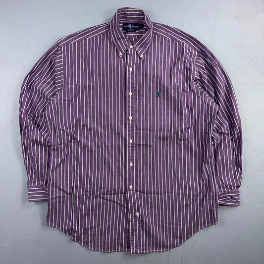 Polo Ralph Lauren VTG Shirt Mens Small Purple Poplin Cotton Striped Preppy