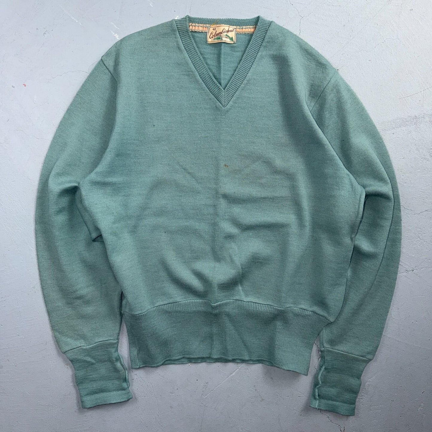 VTG 1940s 1950s Wool Pullover Sweater Rockabilly Mens V Neck Blue Columbia Knit