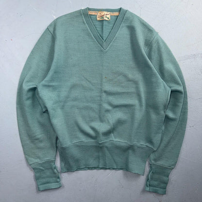 VTG 1940s 1950s Wool Pullover Sweater Rockabilly Mens V Neck Blue Columbia Knit