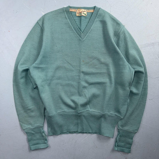 VTG 1940s 1950s Wool Pullover Sweater Rockabilly Mens V Neck Blue Columbia Knit