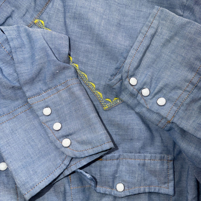 VTG 70s Levis Chambray Western Shirt Embroidered Pearl Snap Rockabilly Orange Ta