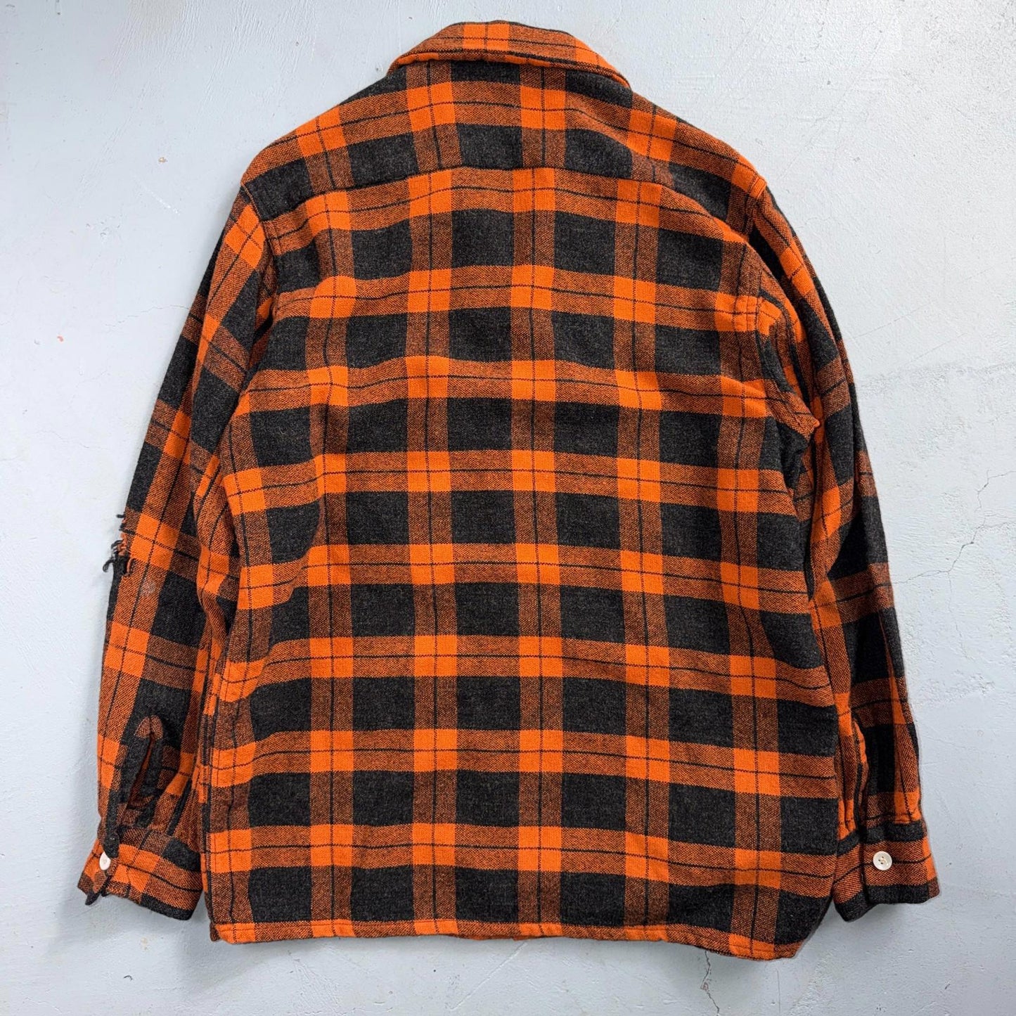 VTG 50s Fruit of Loom Shirt Orange Plaid Wool Button Loop Collar Rockabilly 1950