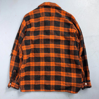 VTG 50s Fruit of Loom Shirt Orange Plaid Wool Button Loop Collar Rockabilly 1950