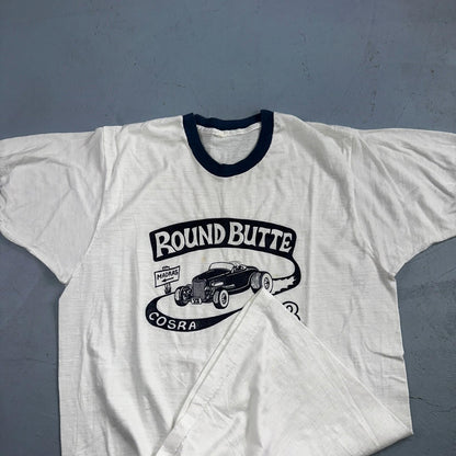 Round Butte Oregon 1970s VTG T Shirt 1978 Rockabilly Ringer Cars Hot Rod PDX Art
