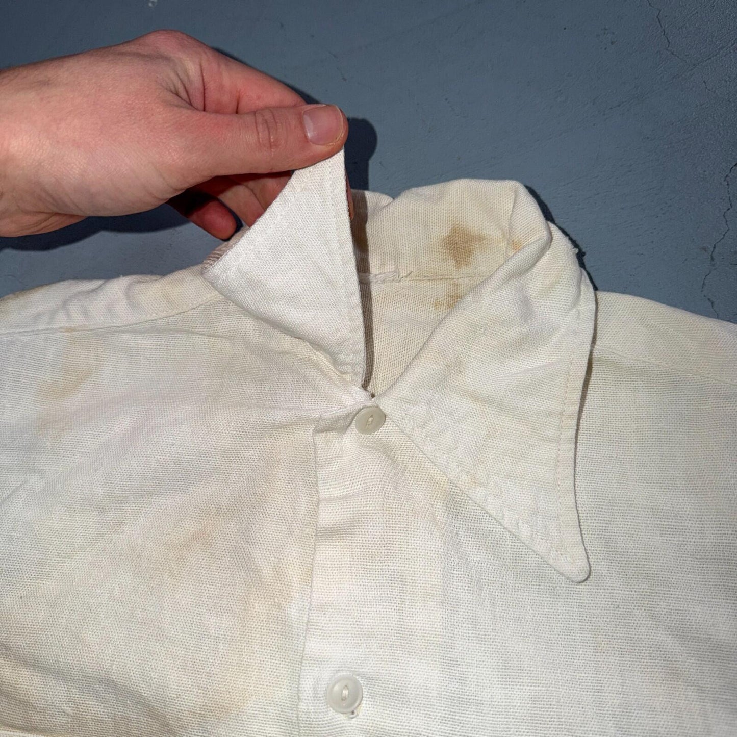 VTG 1940s Sportswear Button Shirt Rockabilly Stained White Linen? Cotton 40s