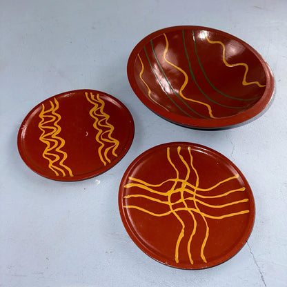 1993 Signed Studio Pottery Plate Bowl Set Cathy Maureen Aldrich Red Wood Art 90s