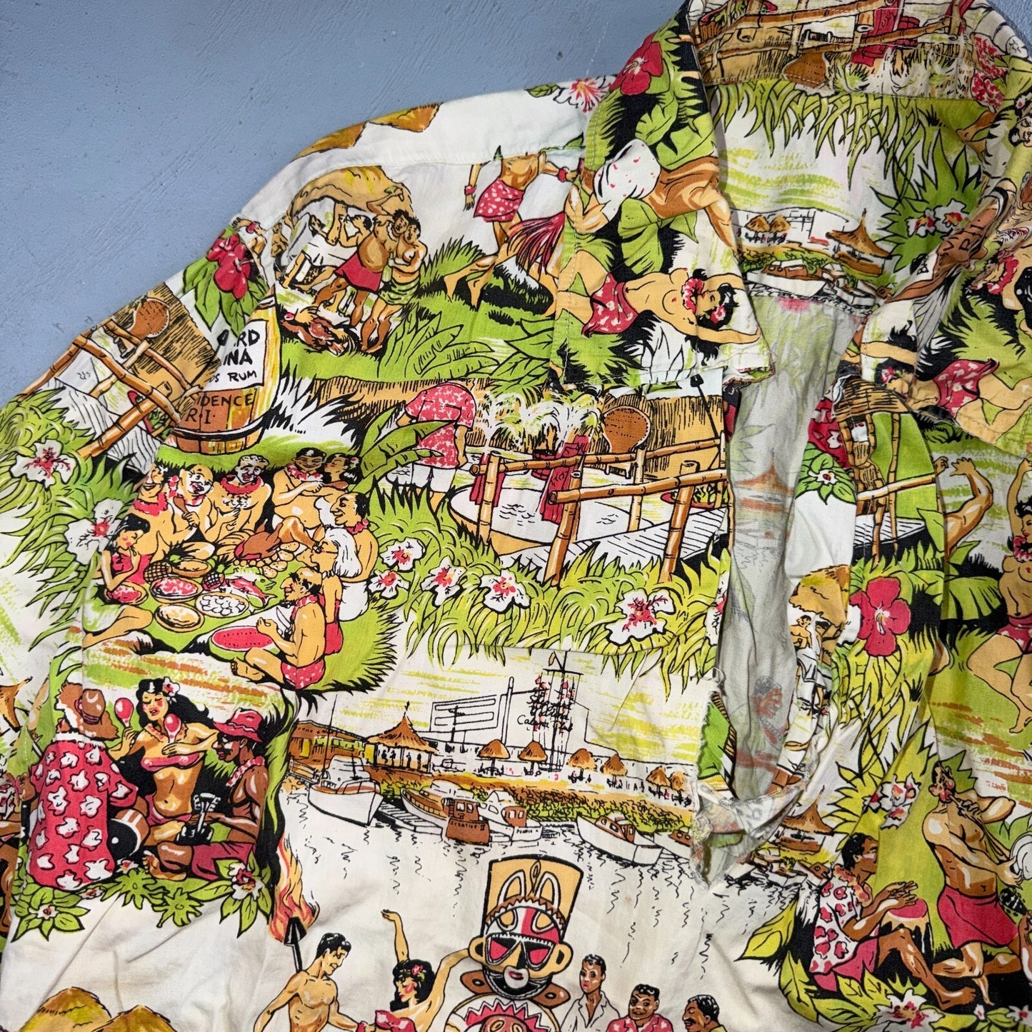 VTG 50s Hawaiian Aloha Shirt Dance Rockabilly Novelty Print Pinup Pin Up Girls