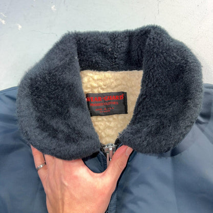Vintage Wear-Guard Jacket Mens M Blue Bomber Faux Fur Collar Sherpa USA 80s