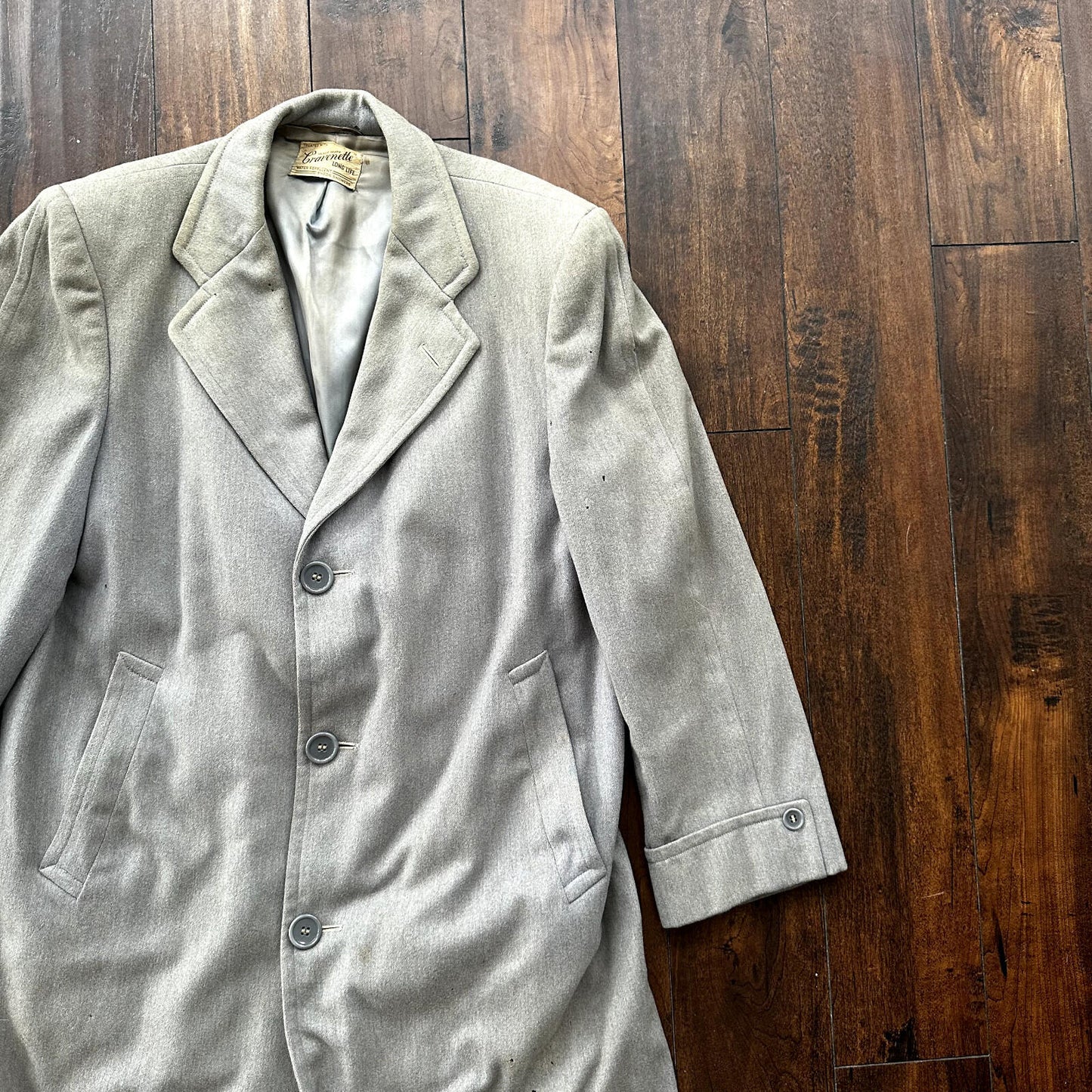 VTG 60s 50s Penneys Rockabilly Gray Wool Long Trench Coat Sz 40 Long Blazer