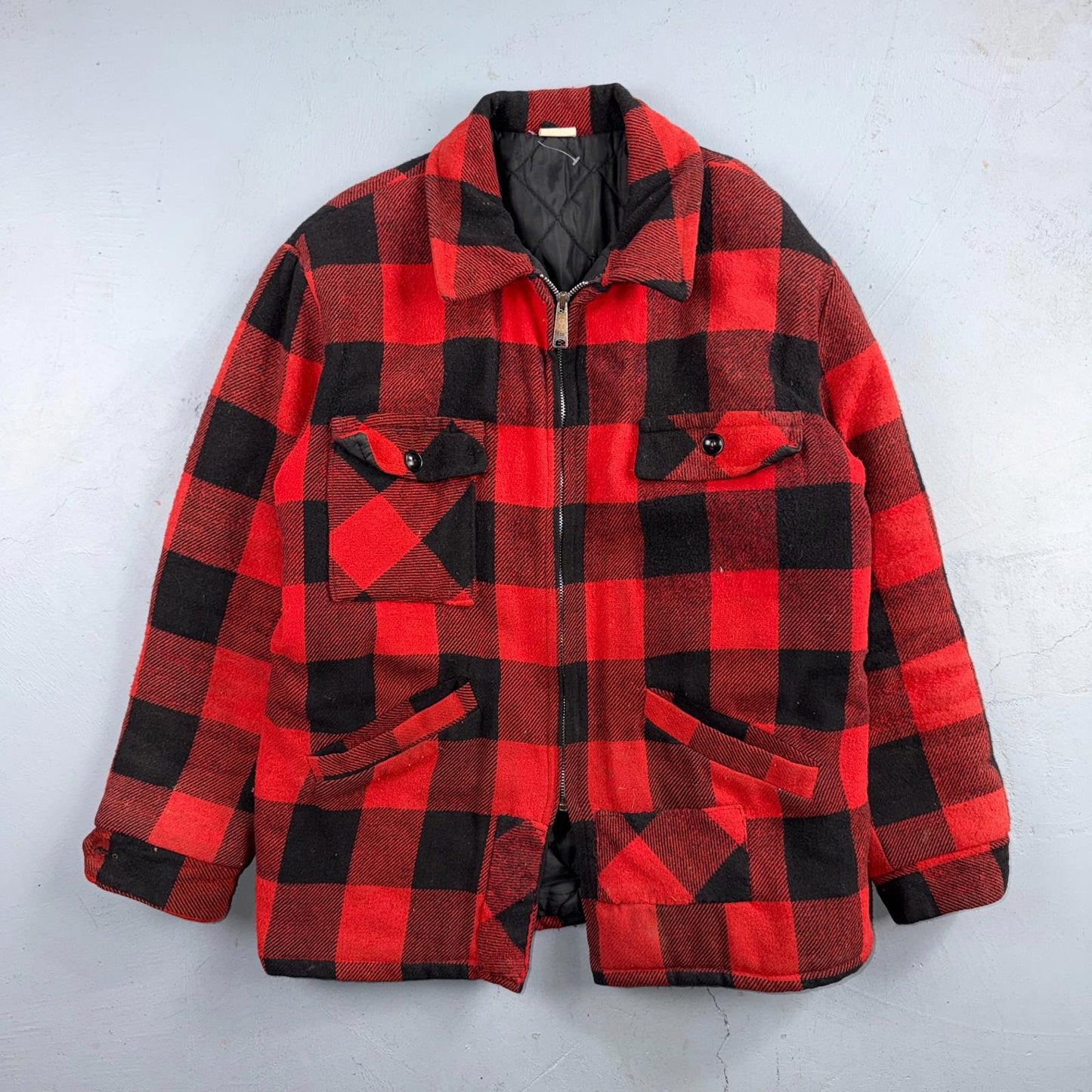 VTG 1960s 60s Cotton Buffalo Plaid Lined Insulated Zip Up Jacket Large Mackinaw