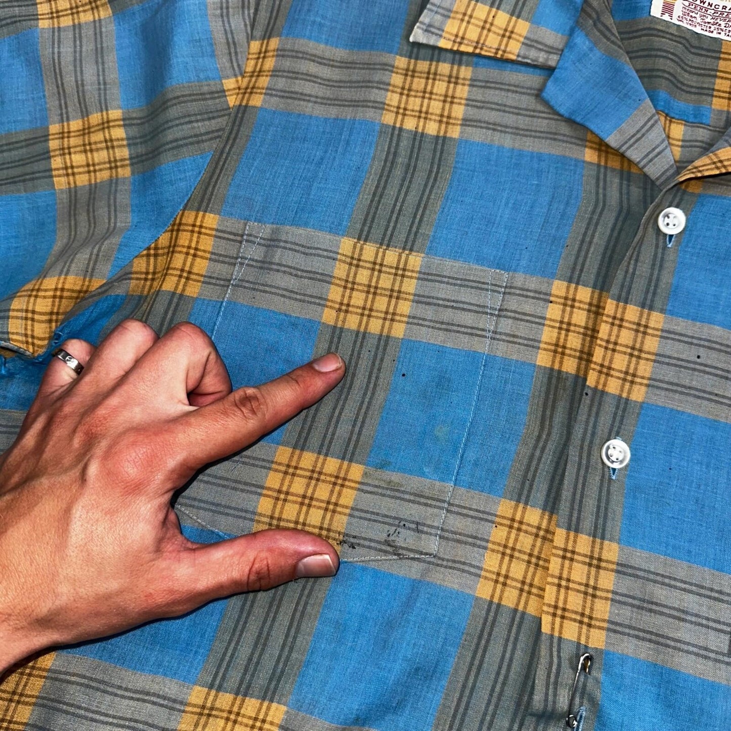 VTG 1960s Penneys Towncraft Blue Camp Loop Collar Shirt Rockabilly Button Plaid