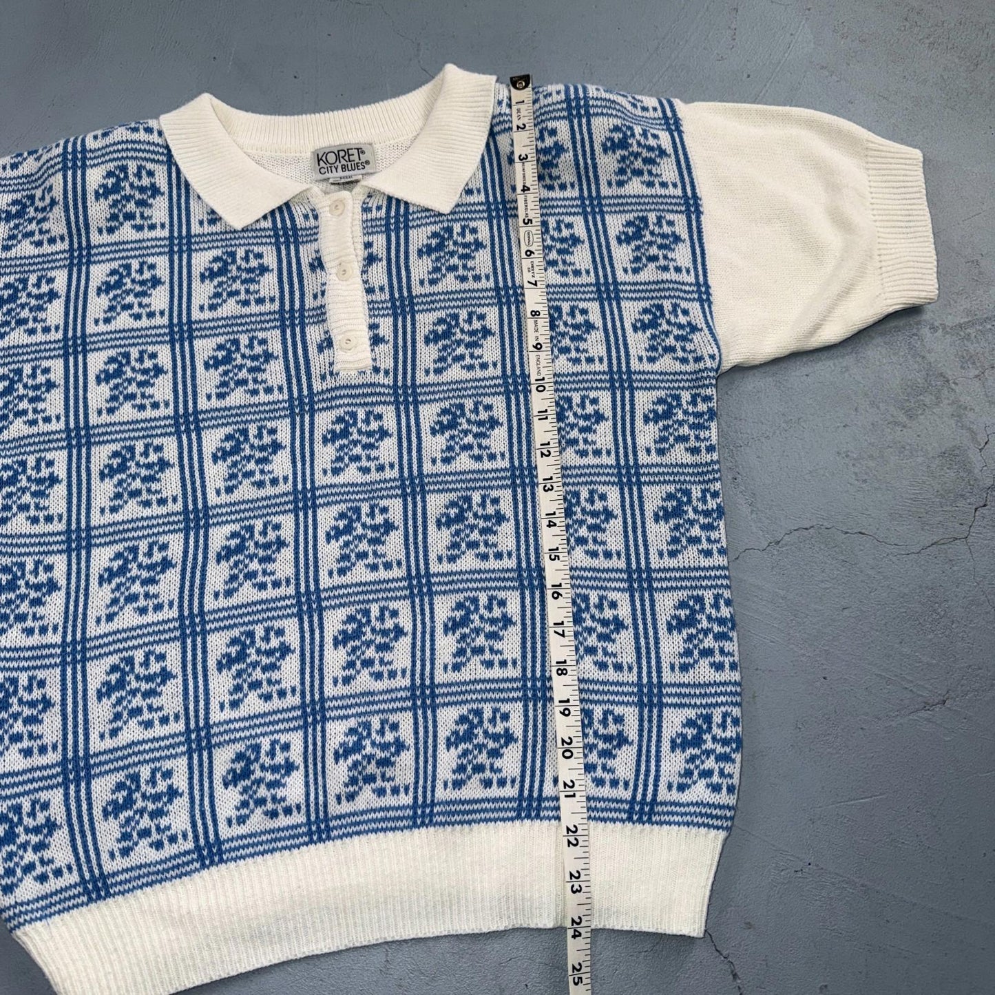 Vintage Koret City Blues Floral Acrylic Knit Sweater Top L 80s 90s Polo Vest