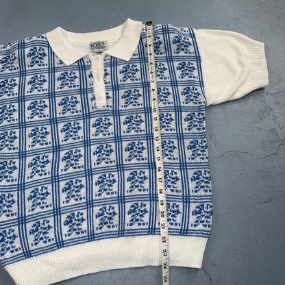 Vintage Koret City Blues Floral Acrylic Knit Sweater Top L 80s 90s Polo Vest