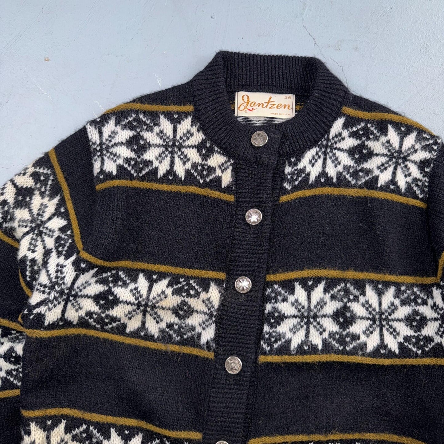 Jantzen Vintage Sweater Pullover Patterned Black Cardigan Size 36 Made USA 60s