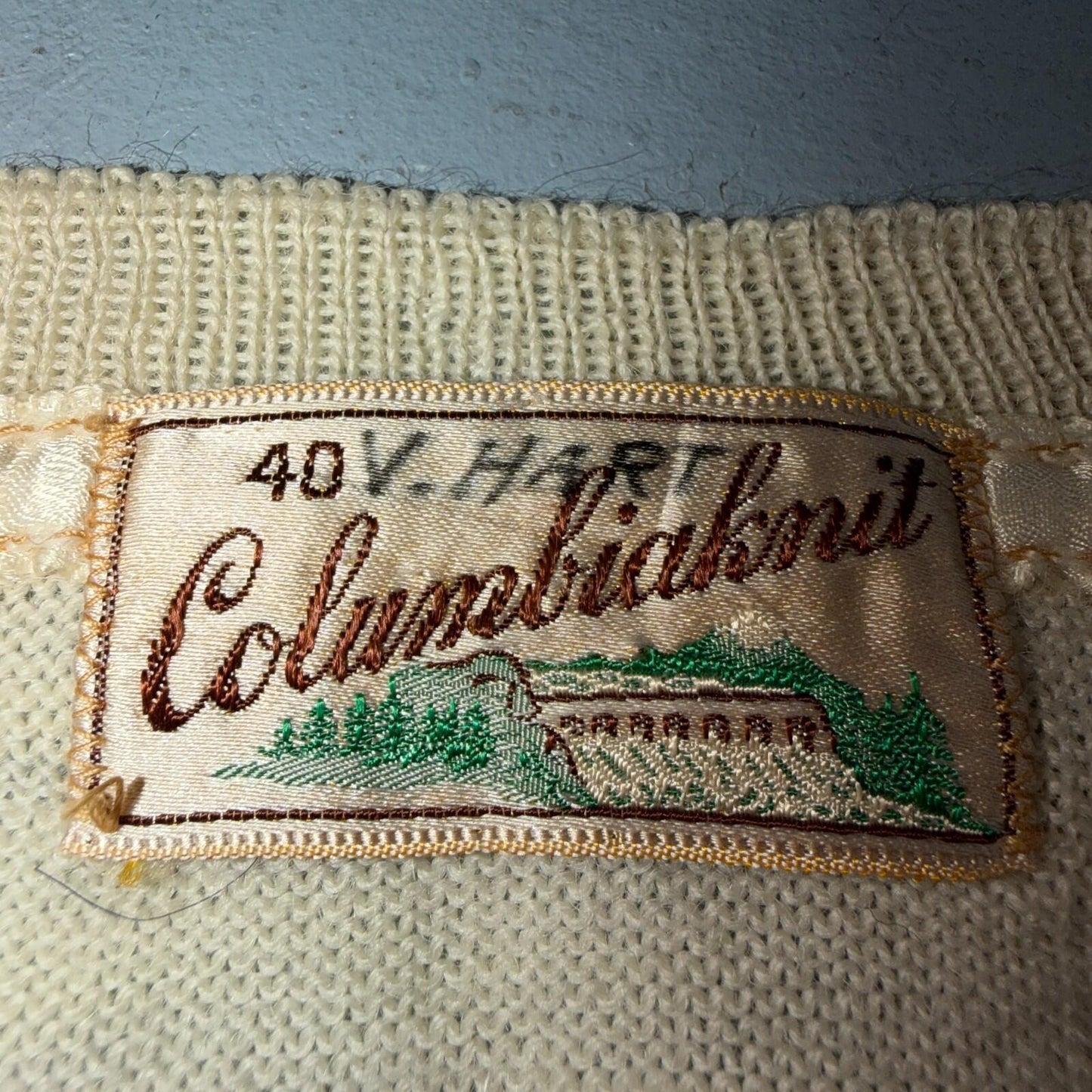 VTG 1940s 1950s Wool Pullover Sweater Rockabilly Mens V Neck Ivory Columbia Knit