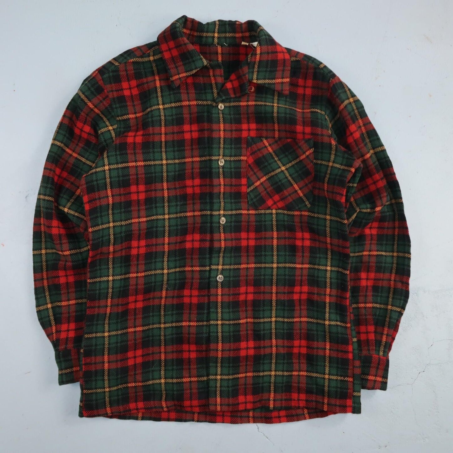 VTG 60s Wool Button Down Shirt Loop Wool Plaid Flannel Shirt 50s Red Rockabilly