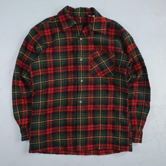 VTG 60s Wool Button Down Shirt Loop Wool Plaid Flannel Shirt 50s Red Rockabilly