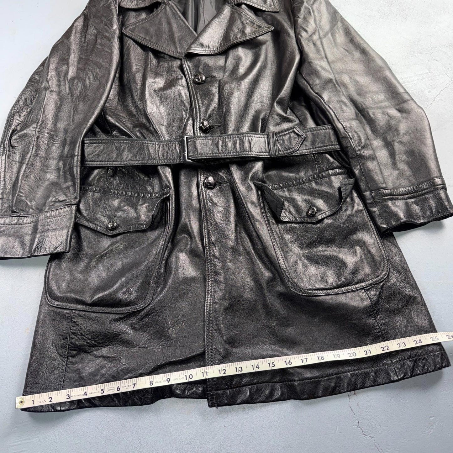 VTG Mens Long Length Vintage Leather Military Duster UNLined Rockabilly 60s Belt