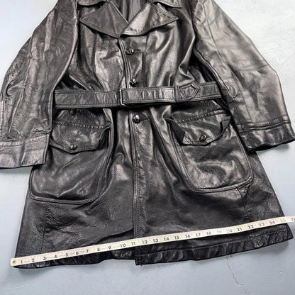 VTG Mens Long Length Vintage Leather Military Duster UNLined Rockabilly 60s Belt